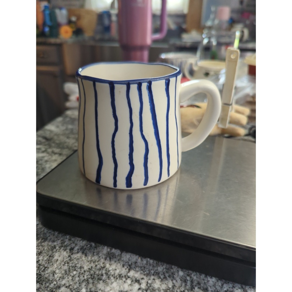 The Old Pottery Company Blue Stripe Mug White Ceramic Coffee Cup